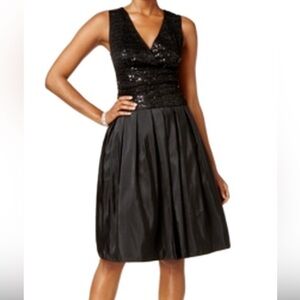SLNY Black Sequin V Neck Cocktail Dress